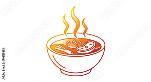 Vibrant gradient illustration of a steaming hot bowl of delicious soup with meat and vegetables