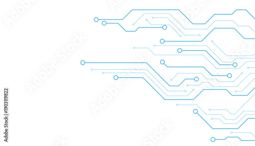 Vector white abstract ON power button in the center of futuristic circuit board with light glowing wires on technology background.