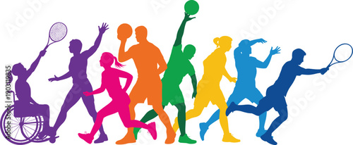 Inclusive sports diversity concept with colorful athlete silhouettes including wheelchair users
