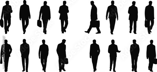 Businessmen walking silhouettes with briefcases, professional male office workers in motion, corporate people isolated on white