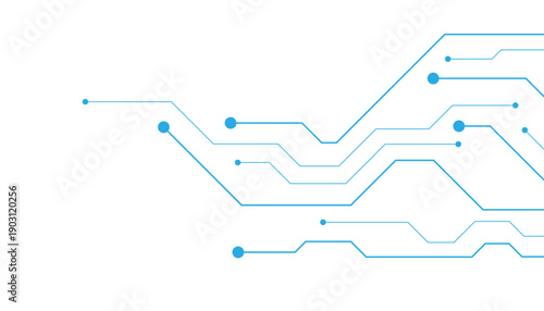 Vector white abstract ON power button in the center of futuristic circuit board with light glowing wires on technology background.