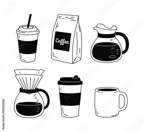 Hand-Drawn Coffee Collection: Cups, Bag, and Brewers Vector illustration