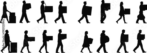 People silhouettes carrying boxes in different walking poses, moving and delivery concept, workers transporting packages, black figures isolated