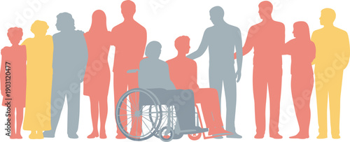 Diverse people silhouettes with wheelchair user showing social inclusion equality, community support teamwork concept, colorful modern flat vector illustration