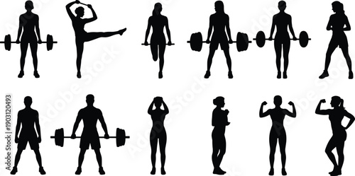 Fitness silhouettes weightlifting exercises, male and female gym workout poses, strength training athletes isolated black vector