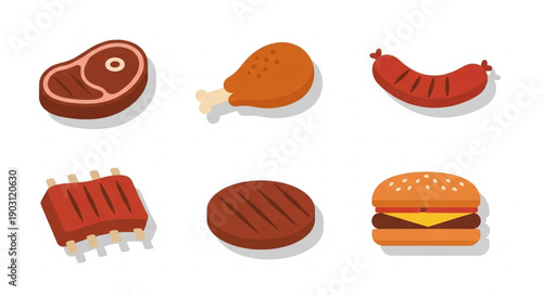 Collection of delicious grilled meat and burger icons.
