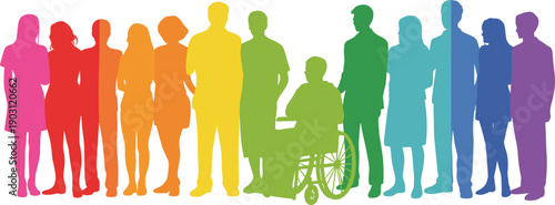 Inclusive diverse silhouettes, gradient colorful community figures, accessibility equality unity concept, vibrant multicolor illustration design, diversity representation art, inclusive society theme