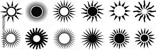 Abstract sun icon collection featuring various radiant solar symbols in black silhouette style for logos, patterns, branding, and graphic design projects