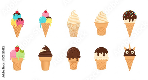 Collection of delicious ice cream cones in various flavors and toppings.