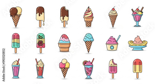 Collection of delicious ice cream desserts in cones and cups.