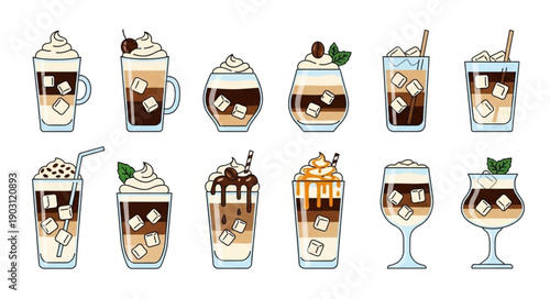 Collection of delicious iced coffee drinks with whipped cream and toppings.