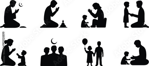 Muslim family prayer silhouette set, Islamic worship and parenting moments, spiritual religious lifestyle scenes, flat vector illustration design