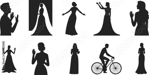 Elegant female silhouettes in long dresses with expressive poses, wedding and fashion concept, black figures isolated on white