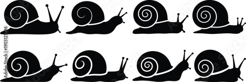 Cute snail silhouette icon set showing crawling garden snails in different poses in black vector style for nature and decorative design