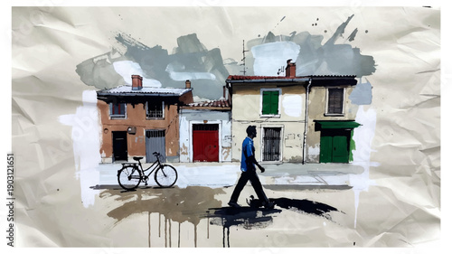 Man walking down a street with bicycle and colorful houses on a gray cloudy day
