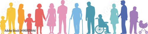 Colorful human silhouettes showing diversity across ages and abilities, family community inclusion concept, social equality, flat vector illustration design
