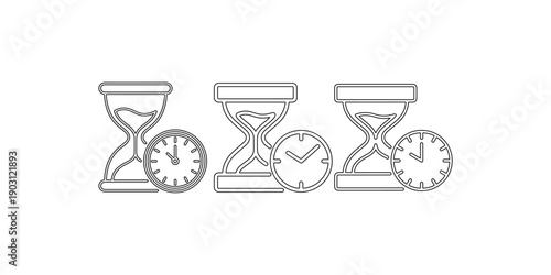 Time management icons progression set showing hourglasses with clocks representing measurement passing duration waiting and scheduling planning steps