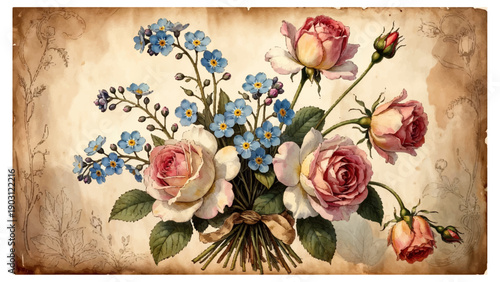 Vintage bouquet of pink roses and blue flowers on distressed background floral arrangement with green leaves and stems