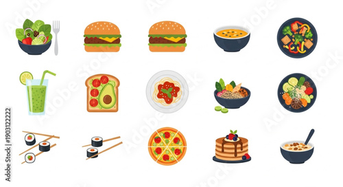 Collection of delicious food and drink items arranged in a grid.