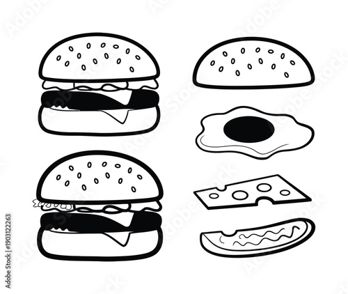 Vector illustration Black and White of Burger Ingredients and Assembled Burgers