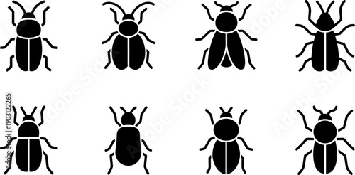Collection of eight black beetle silhouettes