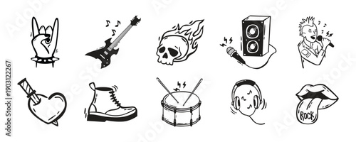 Rock and Roll Music Doodle Set. Hand Drawn Rock Music Vector Set