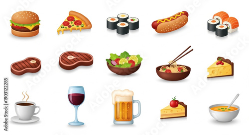 Collection of delicious food and drink items isolated on white background.