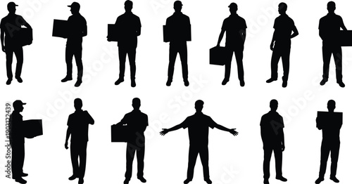 Delivery worker silhouettes set, courier man carrying boxes, logistics service poses, warehouse shipping concept, flat vector illustration