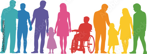 Inclusive diverse silhouettes, rainbow gradient family figures, accessibility unity concept, vibrant multicolor illustration design, community diversity representation, equality inclusion support art