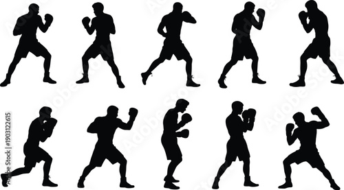 Boxing fighter silhouette poses collection, boxer training actions, punching sparring movements, combat sport concept, flat vector illustration set design elements