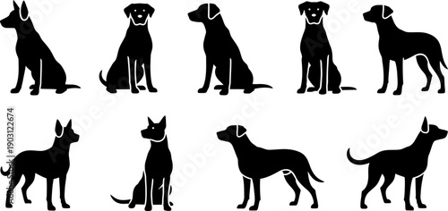 Collection of black silhouettes of various dog breeds