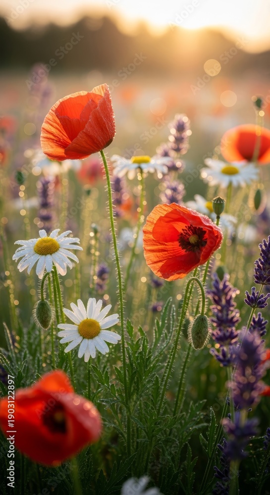 Obraz premium Ultra realistic detailed view of vibrant wildflowers bathed in warm golden hour sunlight creating a dreamy, peaceful atmosphere, soft focus, nature, countryside