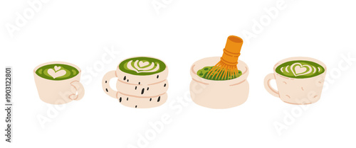 Matcha latte cups and traditional whisk bowl set. Flat vector illustration of Japanese green tea drink with heart latte art, cozy cafe elements isolated on white