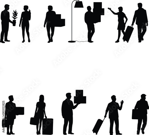 People silhouette daily life set, travel shopping delivery actions, men women carrying boxes luggage, lifestyle activity concept, flat vector illustration