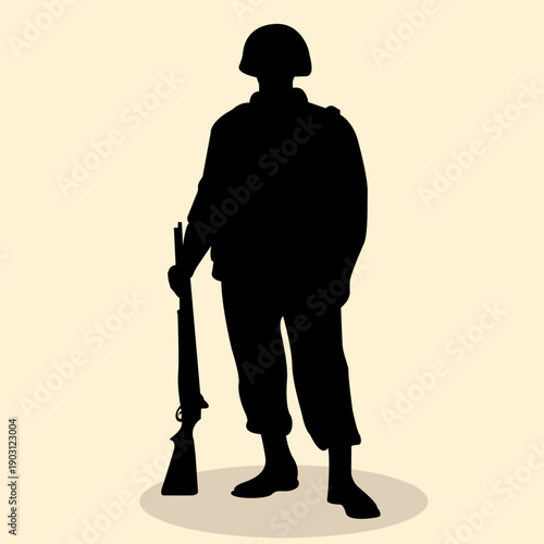 Silhouette of soldier gesturing standing while holding sniper rifles. Icon of army military with full equipment long-barreled weapons, bulletproof vests and helmets. Vector illustration.