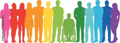 Inclusive diverse silhouettes, colorful spectrum community illustration, unity diversity equality concept, wheelchair accessibility, representation people
