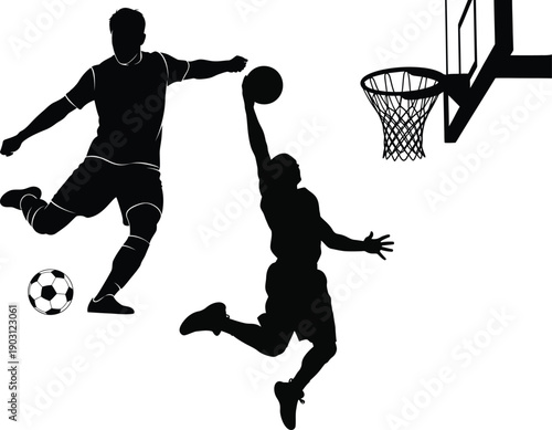 Silhouette of two men playing basketball with soccer ball nearby