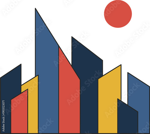 Abstract geometric city skyline with modern skyscrapers and rising sun, minimalist urban architecture concept, bold colorful flat vector illustration