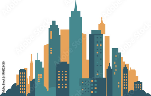 Stylized modern city skyline with tall skyscrapers and urban buildings, downtown architecture concept, business cityscape, flat vector illustration background
