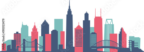Colorful modern city skyline with skyscrapers and bridges illustrating urban architecture, downtown skyline, metropolitan lifestyle flat vector illustration