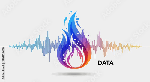 Vibrant data visualization with abstract flame and waveform patterns representing digital
