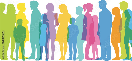 Inclusive diverse silhouettes, colorful overlapping community figures, accessibility equality unity concept, vibrant multicolor illustration design