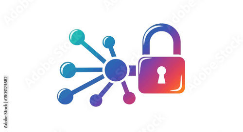 Digital data network security and protection concept with vibrant gradient padlock and linked