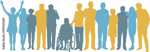 Diverse people silhouettes standing together with disability inclusion, teamwork community unity concept, social equality, modern flat vector illustration background