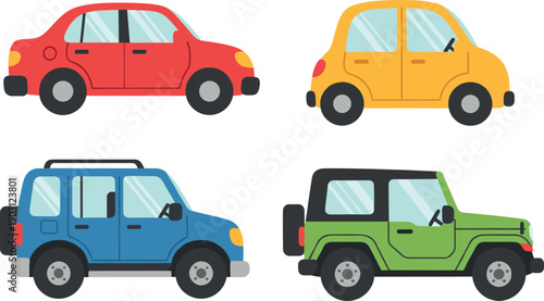 Cartoon Car Set with Colorful Vehicles Flat Style Illustration for Kids Transportation Design and Educational Projects