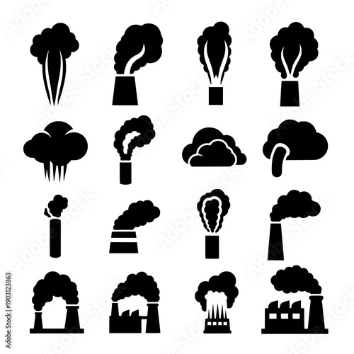 Smoke icon silhouette black vector emission and cloud symbol set on white background