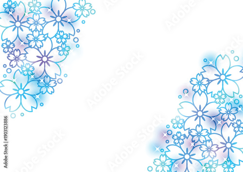 文様桜線画、背景、イラスト、青紫、キラキラ、かわいい、横