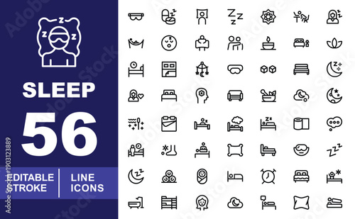 Bedtime Routine and Healthy Sleep Line Icons. Large editable stroke icon set featuring bedroom furniture, relaxation activities, and wellness symbols for mobile app design