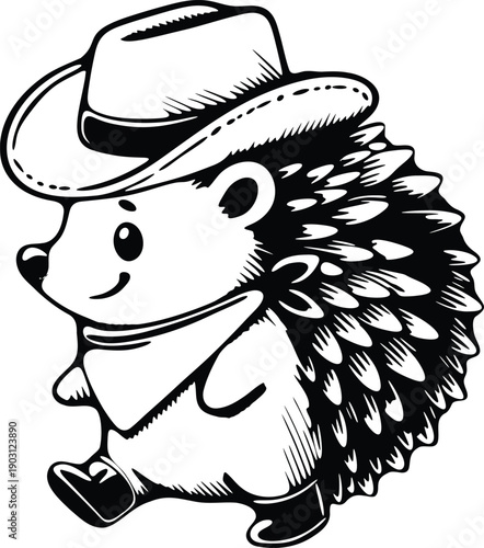 Cowboy Hedgehog Cartoon  Vector Illustration Line Art, hedgehog animal western style Silhouette