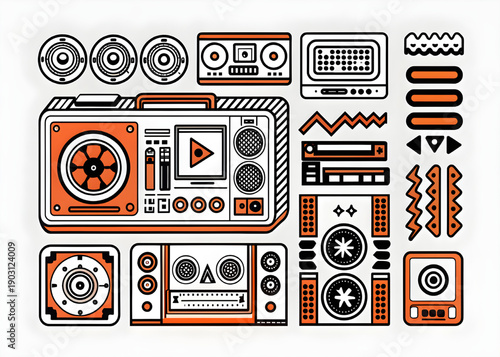 A colorful illustration of various vintage electronic devices and gadgets.